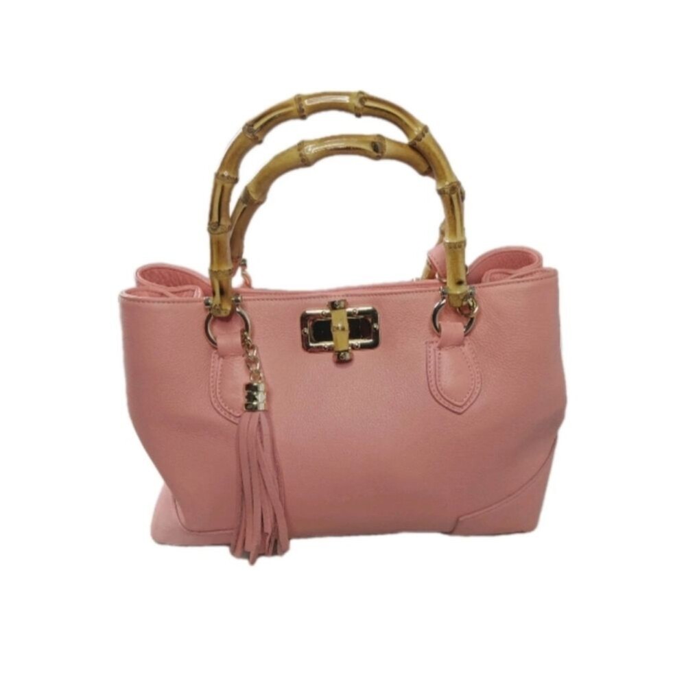 Borse In Pelle Italian Leather Handbag Peach Satchel Bamboo Handles Retail $275